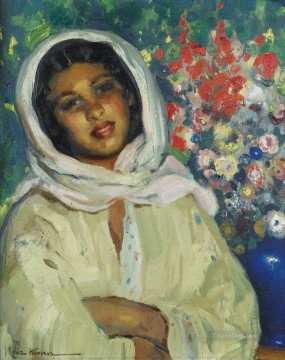 young woman with a flower bunch Jose Cruz Herrera genre Araber Oil Paintings